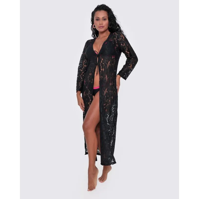 Saída de Praia Renda Kimono Longa Preta GG