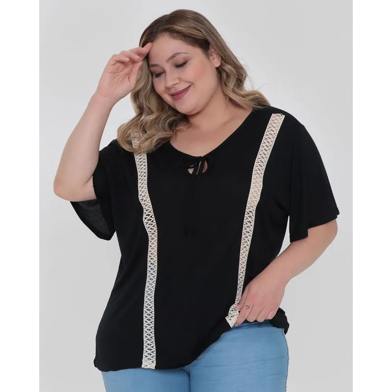 Blusa Plus Size Feminina Passamanaria Preta G3