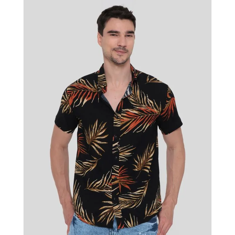 Camisa Masculina Viscose Estampa Folhas Preta M