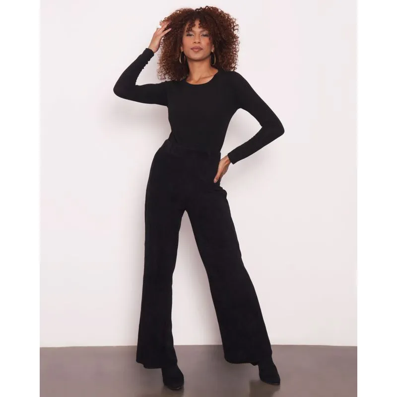 Calça Feminina Pantalona Plush Canelada Preta P