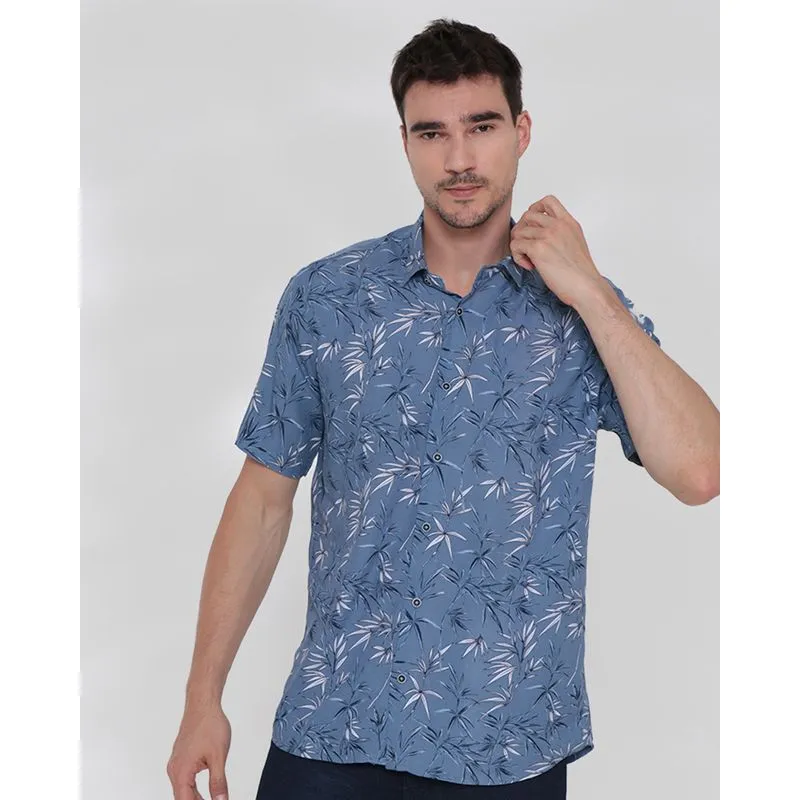Camisa Masculina Viscose Estampa Folhagem Azul 4