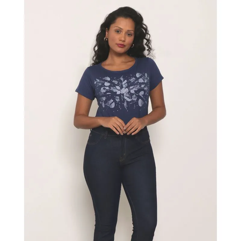 Blusa Feminina Mulet Manga Curta Estampada Marinho P