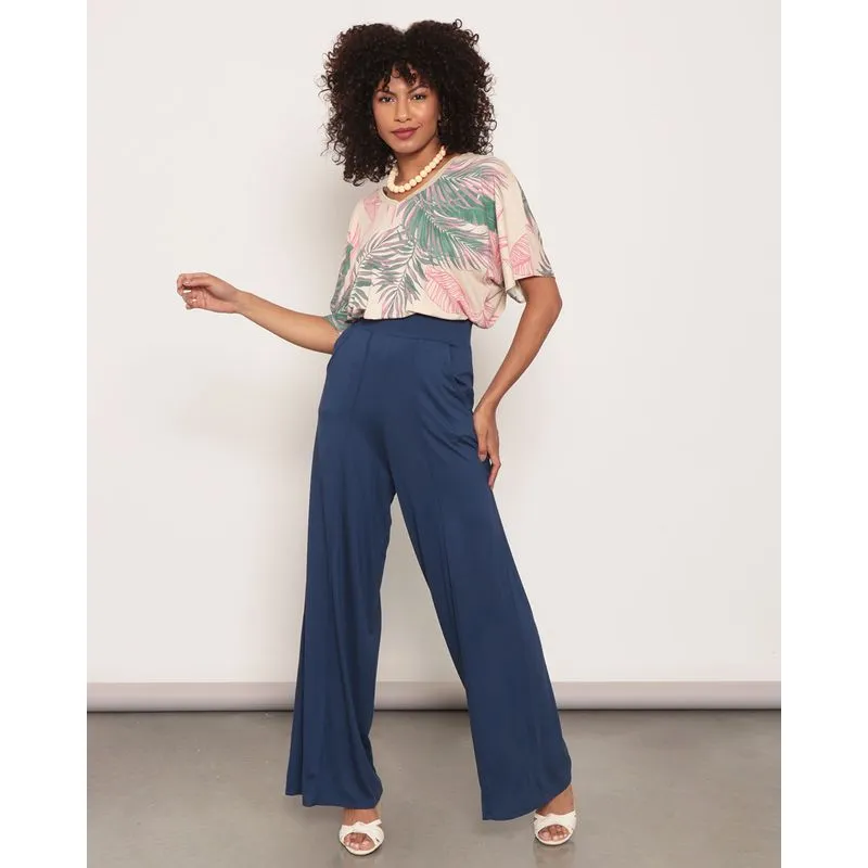 Calça Feminina Pantalona Com Costura Central Marinho P