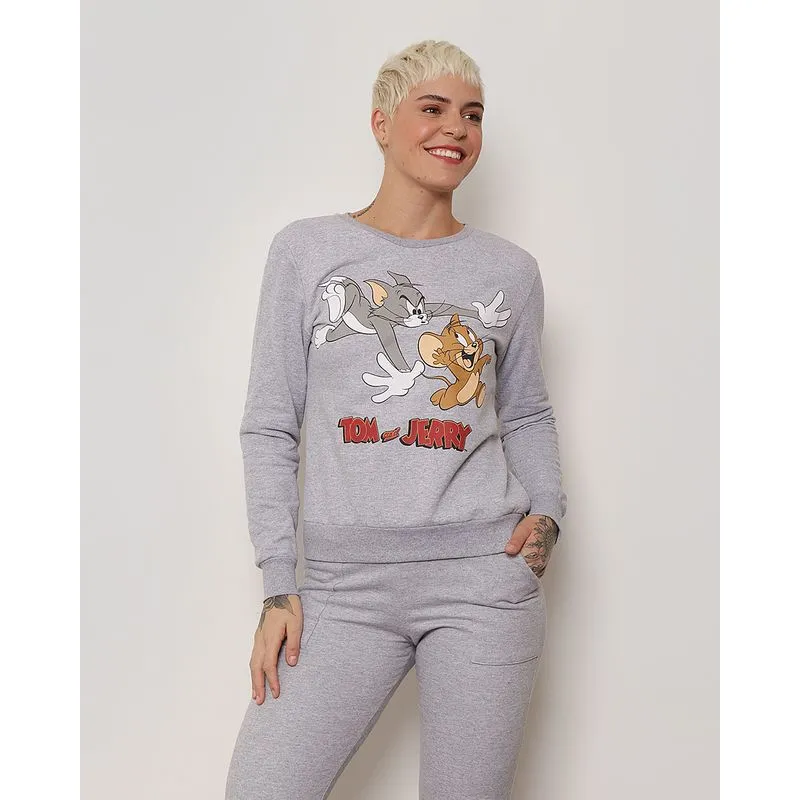 Blusão Moletom Com Estampa Tom e Jerry Cinza M