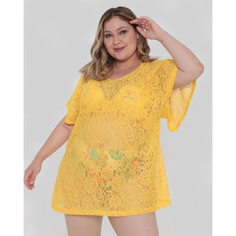Saída De Praia Feminina Plus Size Vestido Renda Amarela 48