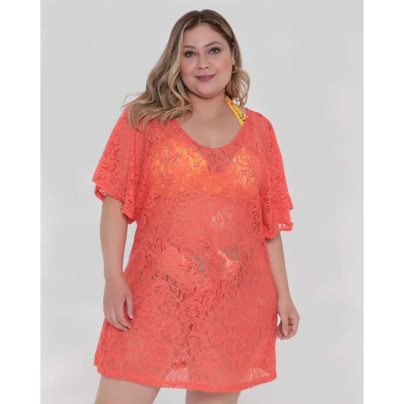 Saída De Praia Feminina Plus Size Vestido Renda Laranja 50