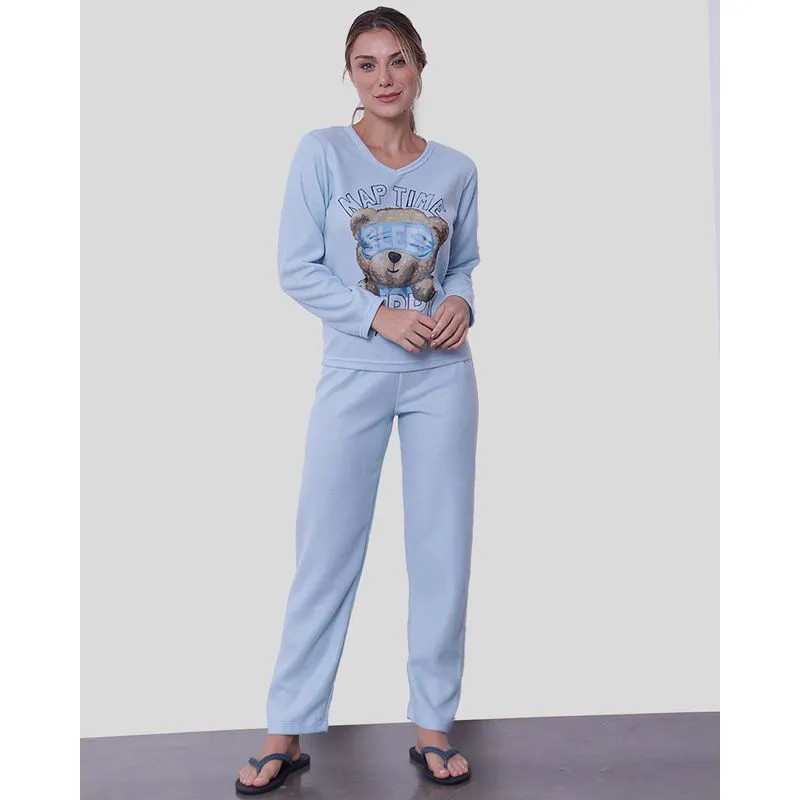 Pijama Feminino Manga Longa Ursinho Soft Azul Claro G