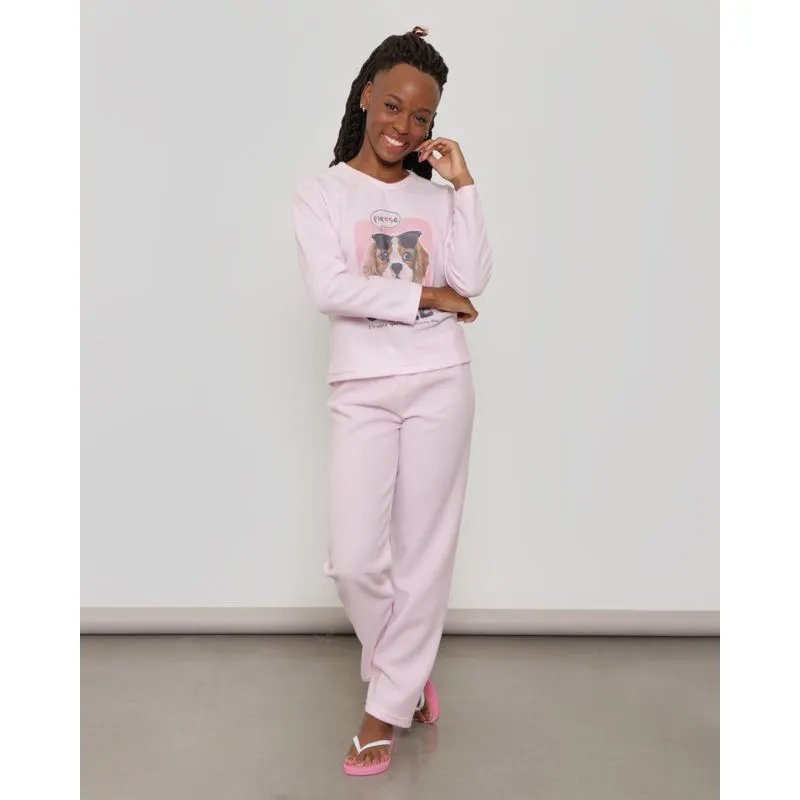 Pijama Feminino Manga Longa Ursinho Soft Rosa Claro G
