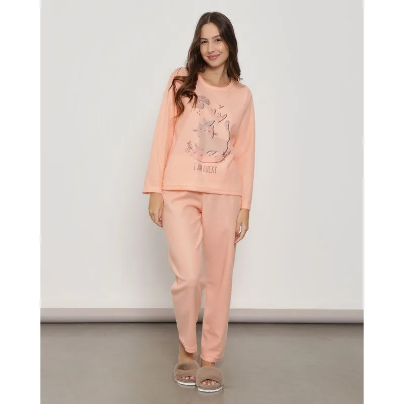 Pijama Soft Feminino Estampa Gatinho Manga Longa Laranja GG