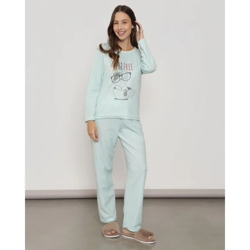 Pijama Soft Feminino Estampa Gatinho Manga Longa Verde GG