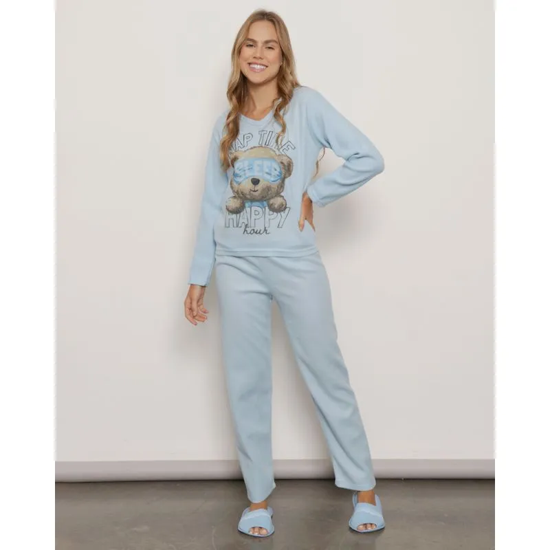 Pijama Feminino Longo Soft Estampa Urso Azul GG
