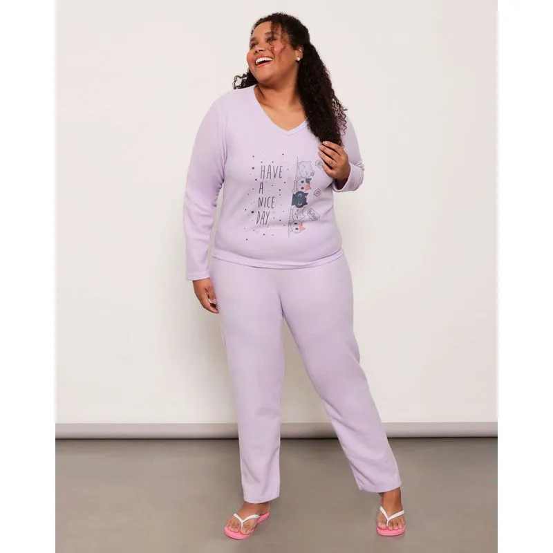 Pijama Plus Size Feminino Manga Longa Soft Lilás 48