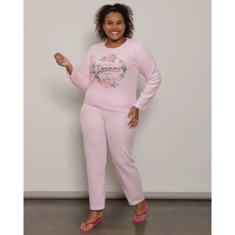 Pijama Plus Size Feminino Longo Soft Estampado Rosa 50