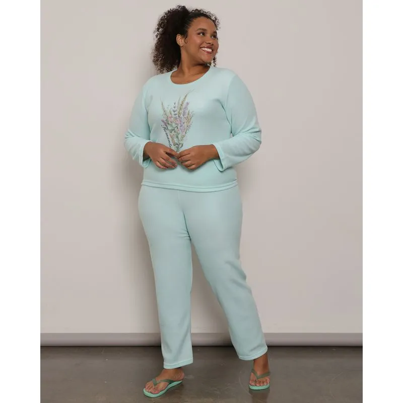 Pijama Plus Size Feminino Longo Soft Estampado Verde 48
