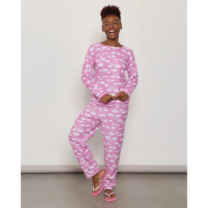 Pijama Feminino Manga Longa Estampa Nuvem Soft Rosa GG