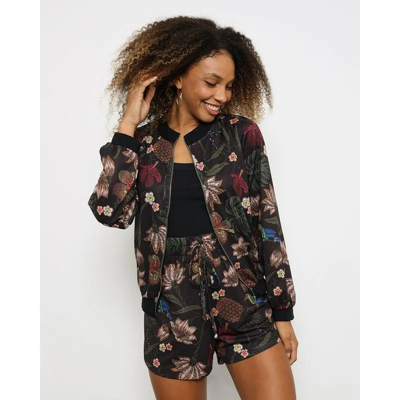 Jaqueta Feminina Bomber Estampa Floral Preta M