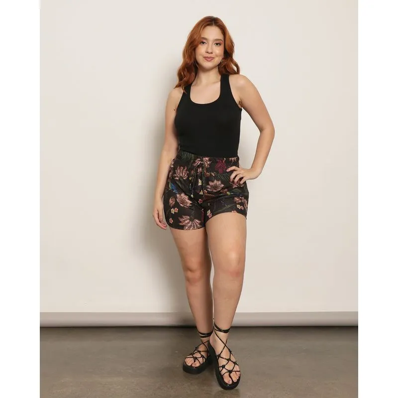 Short Feminino Com Elástico E Cordão Decorativo Estampado Preto P