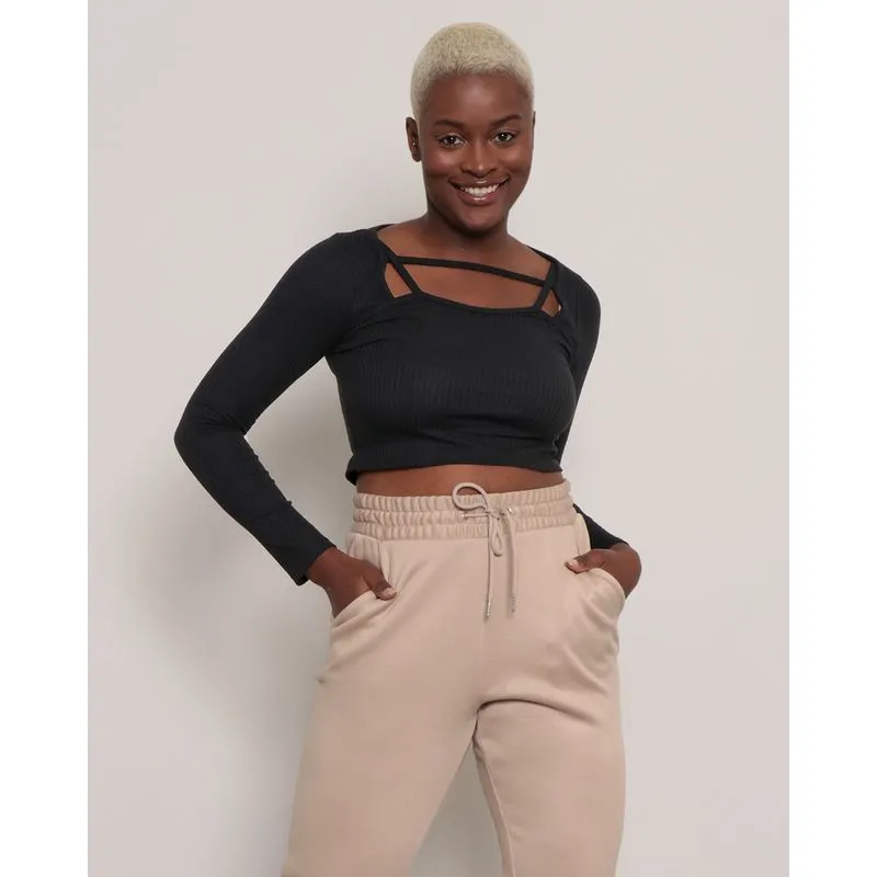 Blusa Cropped Feminina Decote Vazado Canelada Preta M