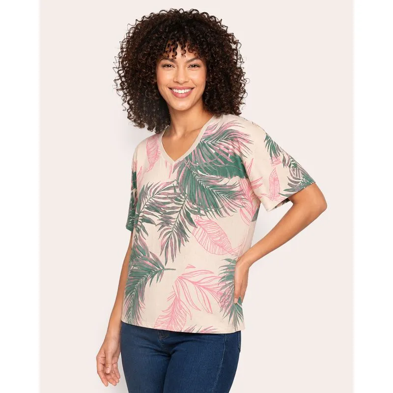 Blusa Feminina Decote V Com Retilínea Estampa Bege G