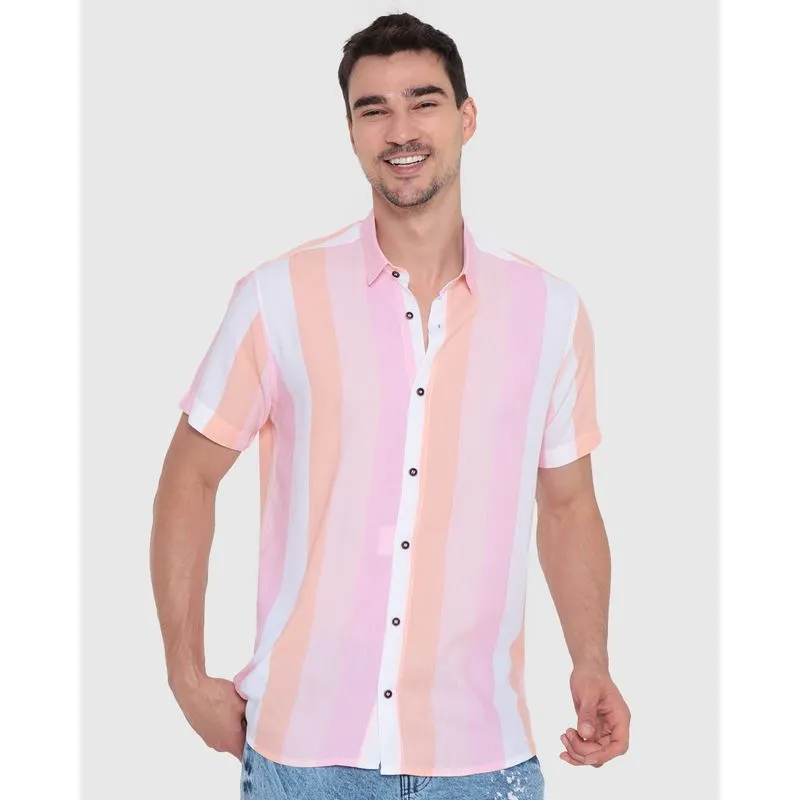 Camisa Masculina Casual Listras Rosa 2