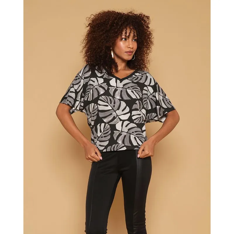 Blusa Feminina Decote V Com Manga Curta Estampada Preta P