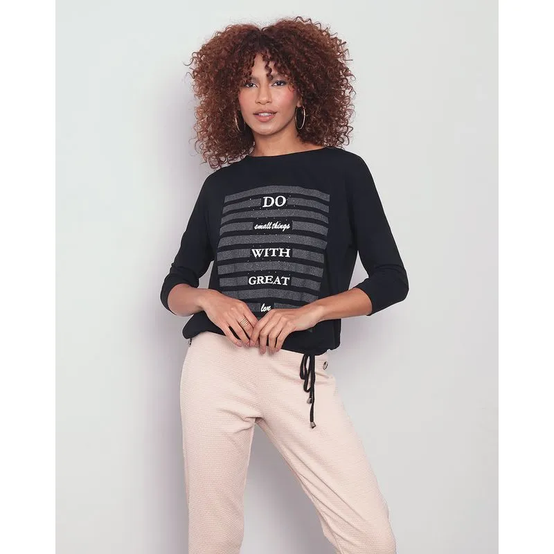 Blusa Feminina Estampada Manga 7/8 Preta GG