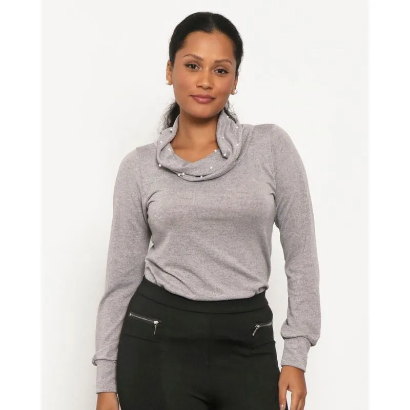 Blusa Tricô Feminina Gola Alta Com Pérola Cinza GG