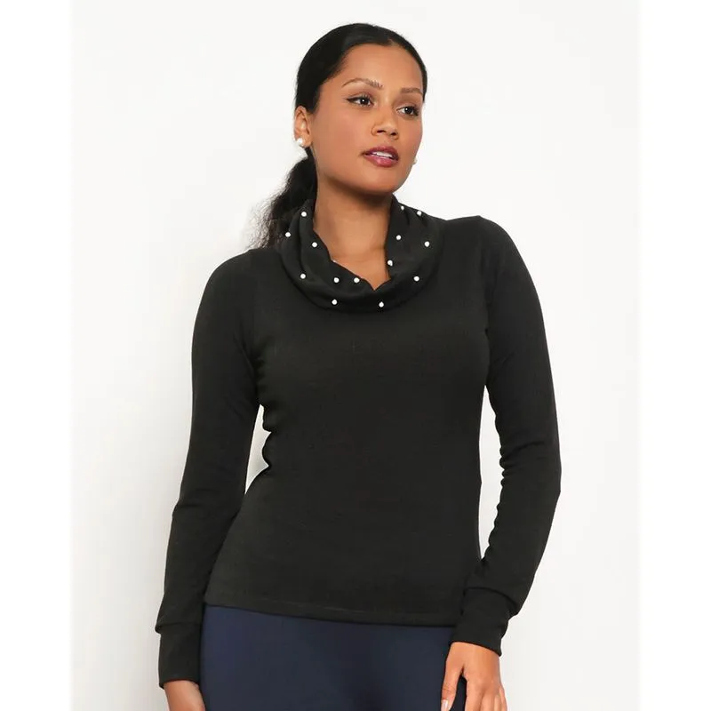 Blusa Tricô Feminina Gola Alta Com Pérola Preta GG