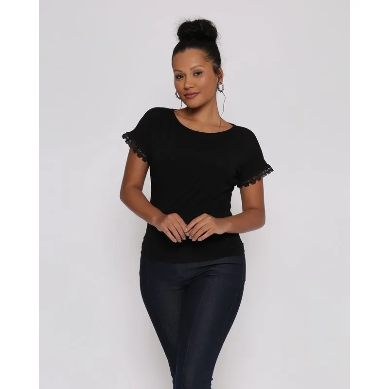 Blusa Feminina Manga Curta Com Renda Guipir Preta P