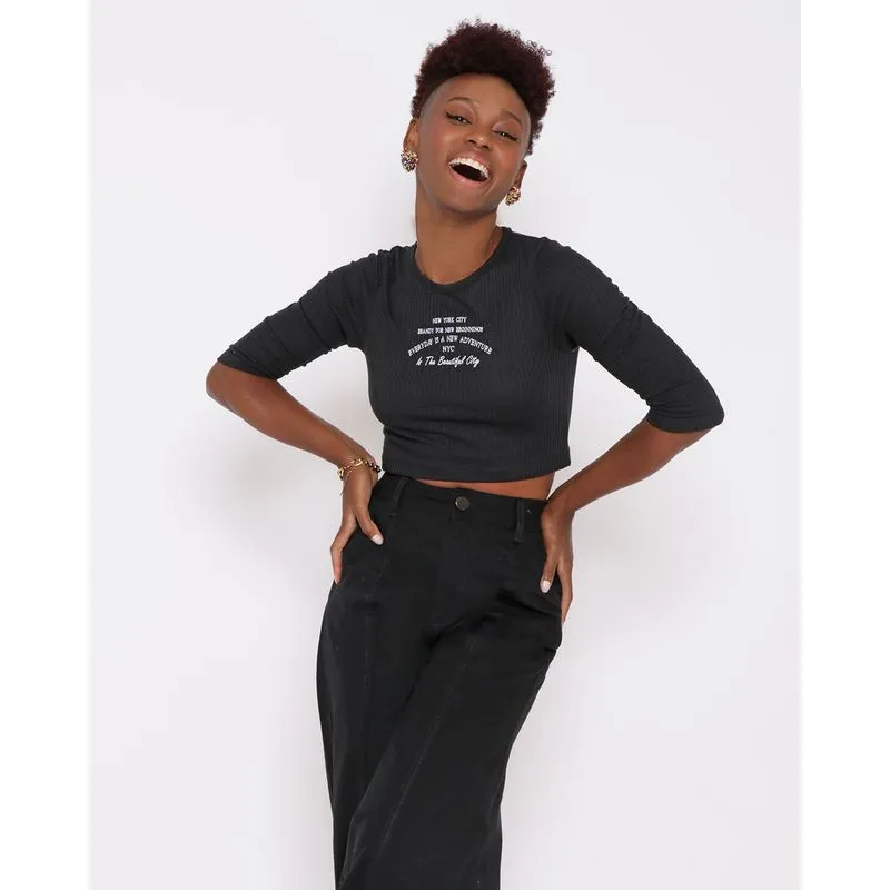 Blusa Cropped Feminina Canelada Manga 3/4 Preta M