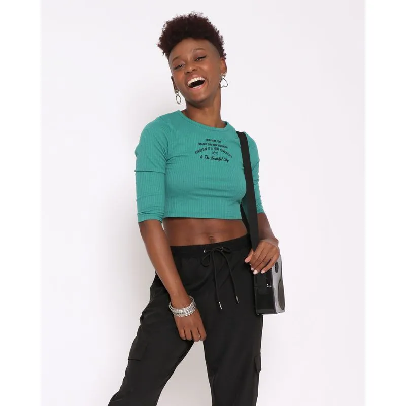 Blusa Cropped Feminina Canelada Manga 3/4 Verde G