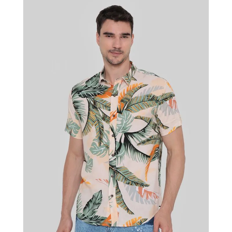 Camisa Masculina Viscose Estampa Folhas Bege GG