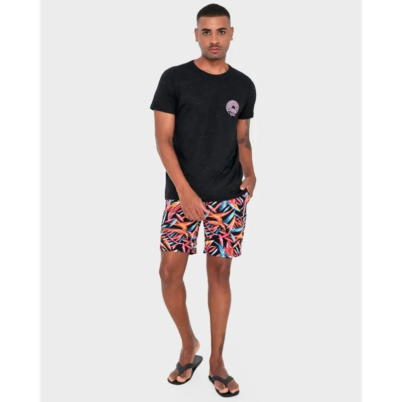 Short Masculino Praia Estampa Folhagem Preto GG
