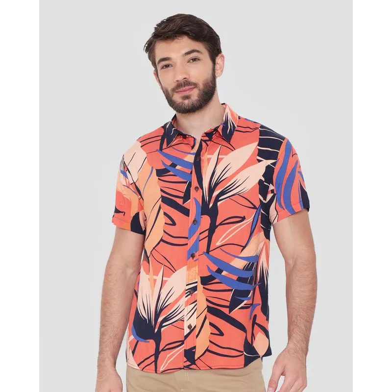 Camisa Masculina Estampa Folhagem Laranja XGG