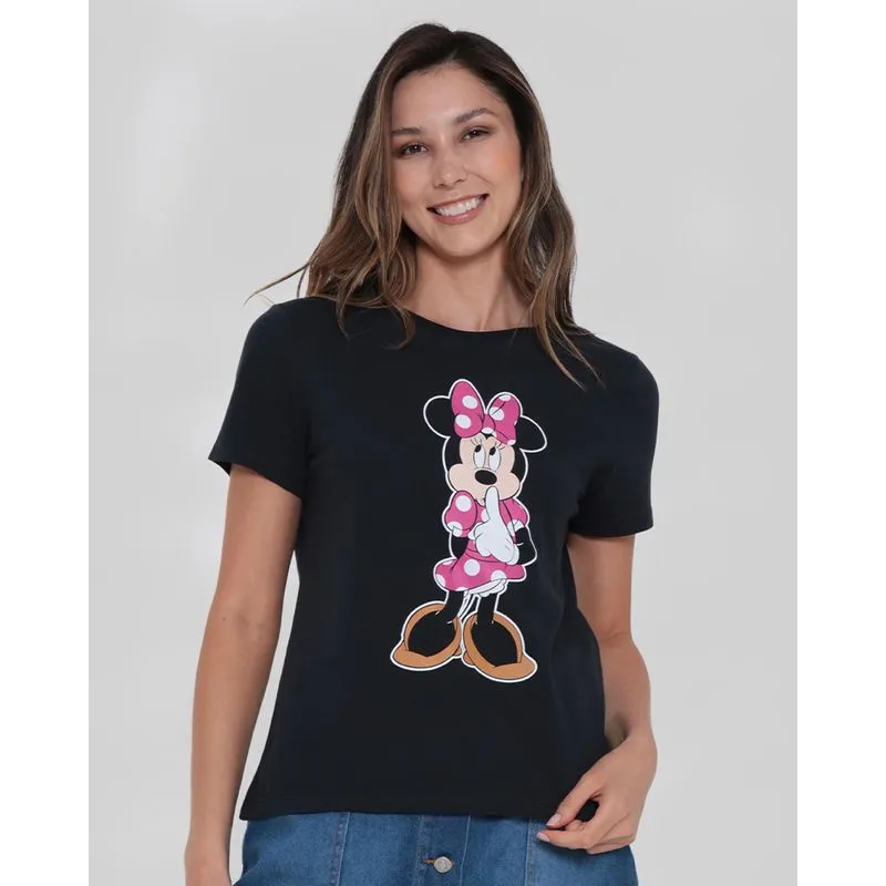Camiseta Feminina Algodão Disney Minnie Manga Curta Preta GG