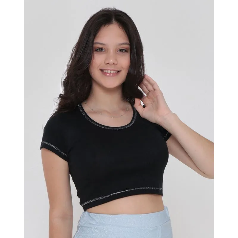 Blusa Juvenil Cropped Canelada Preta 16