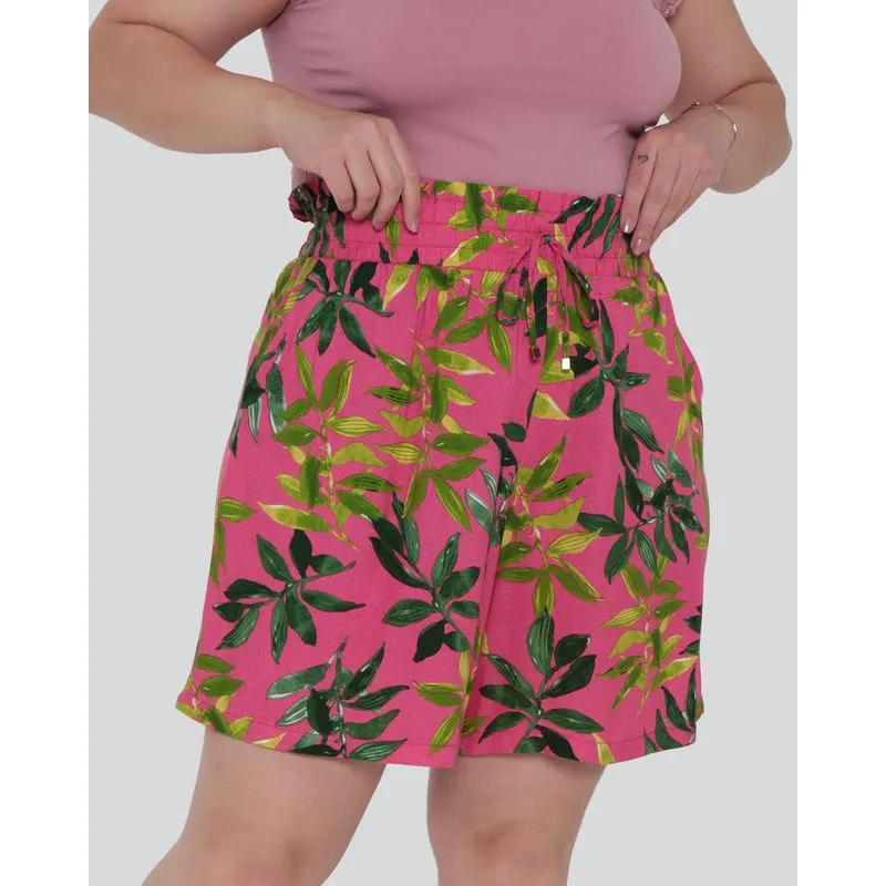 Short Feminino Plus Size Viscose Folhagem Rosa G1