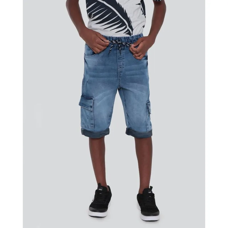 Bermuda Jeans Juvenil Bolso Cargo Azul 14
