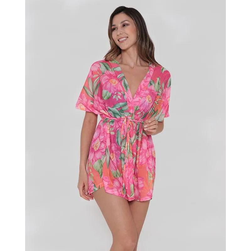 Saída de Praia Feminina Kimono Floral Rosa G
