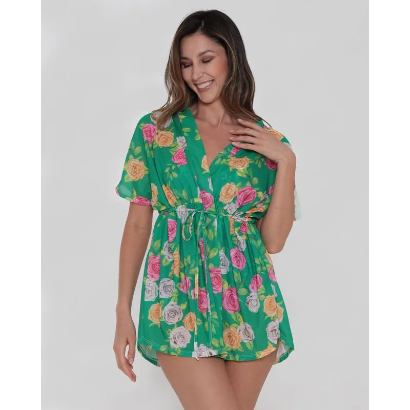 Saída de Praia Feminina Kimono Floral Verde GG