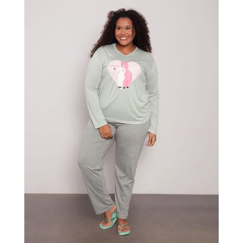 Pijama Feminino Plus Size Manga Longa Coração Lhama Verde 52