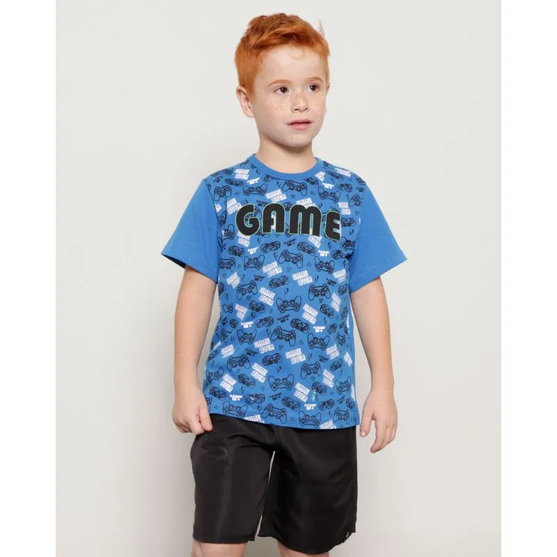 Camiseta Infantil Estampa Game Over Manga Curta Azul 8