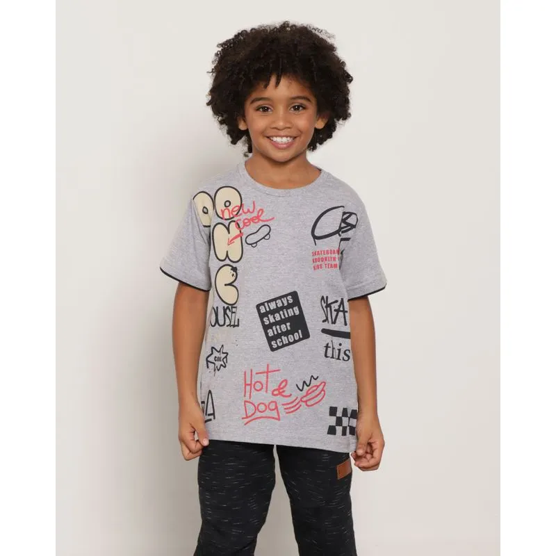 Camiseta Infantil Estampada Manga Curta Mescla Cinza 4