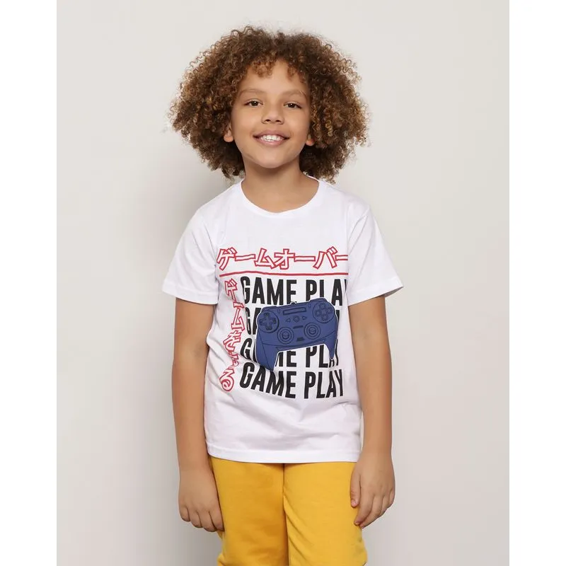 Camiseta Infantil Manga Curta Estampa Game Play Branco 4