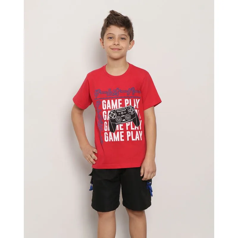 Camiseta Infantil Manga Curta Estampa Game Play Vermelha 10