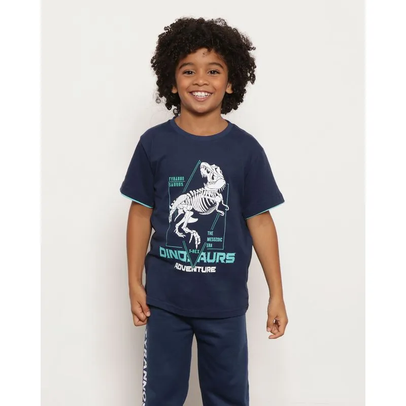 Camiseta Infantil Estampa T-Rex Manga Curta Marinho 8