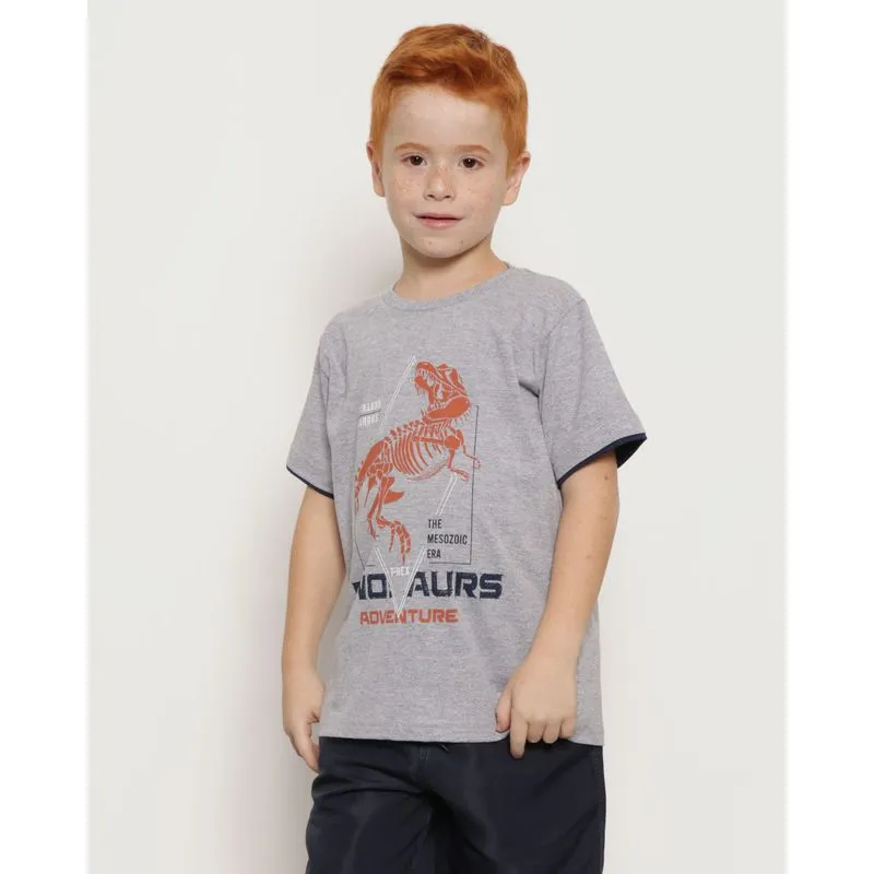 Camiseta Infantil Estampa T-Rex Manga Curta Cinza 4