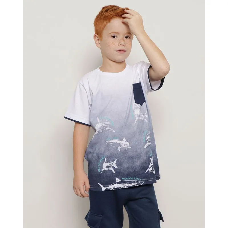 Camiseta Infantil Estampa Tubarão Com Bolso Branca 4