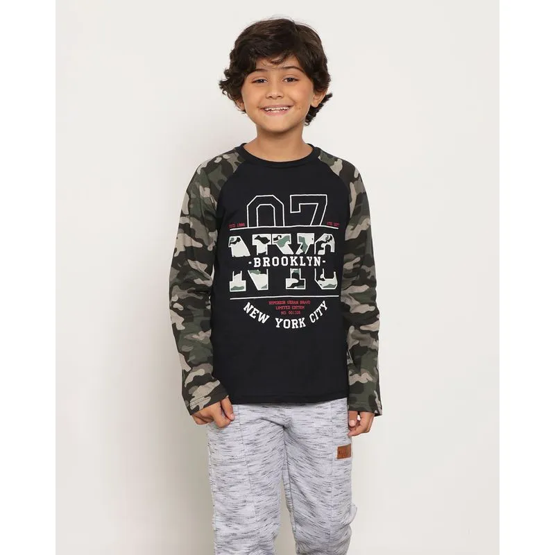 Camiseta Infantil Manga Longa Raglan Camuflada Preta 8