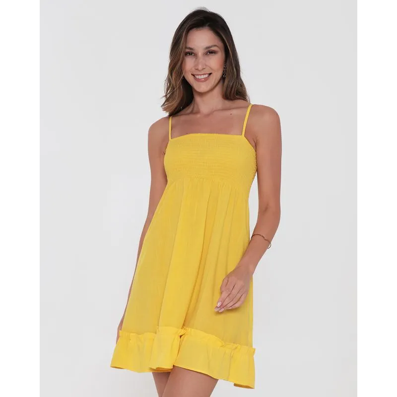 Vestido Alcinha Lastex Com Babado Liso Amarelo GG